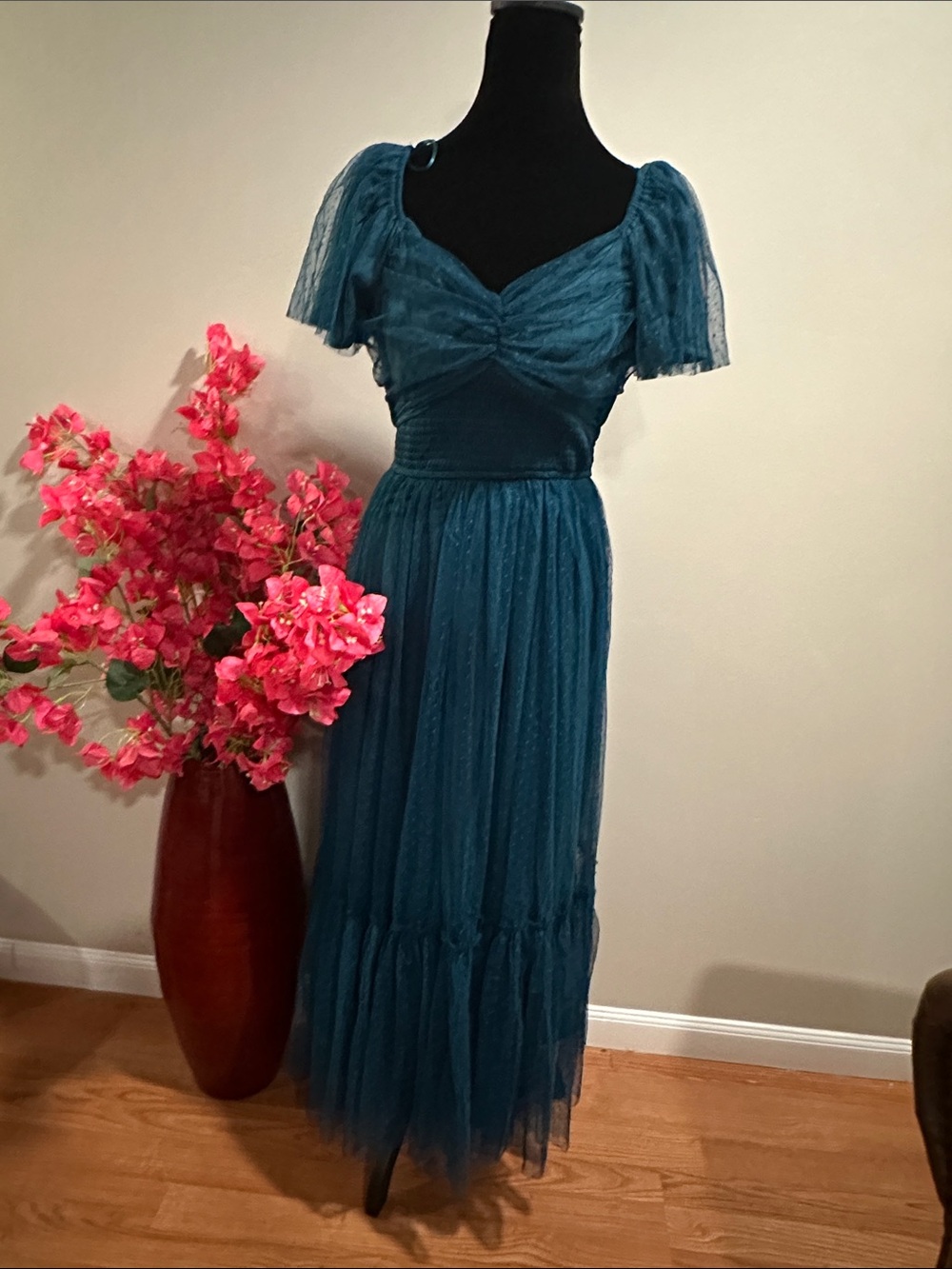 Teal Blue Tulle Midi Dress with Puff Sleeves